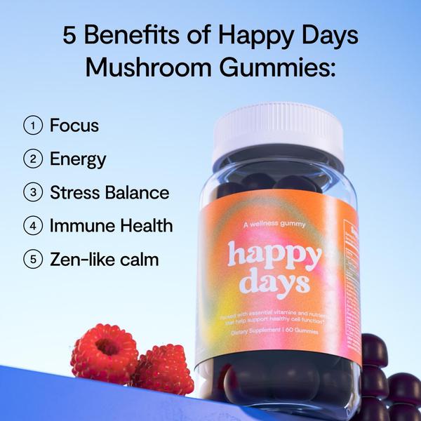 A clear, numbered list format highlighting key health benefits next to a high-quality product shot of mushroom gummies with fresh berries.